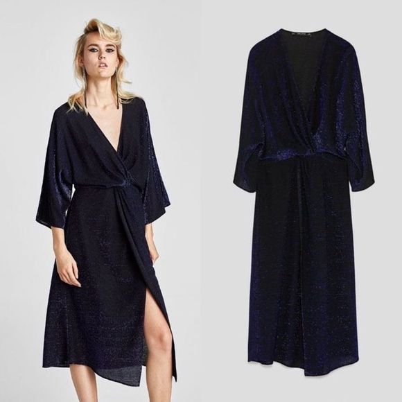 Zara Shimmery Black and Blue Surplice Dress - Picture 1 of 6